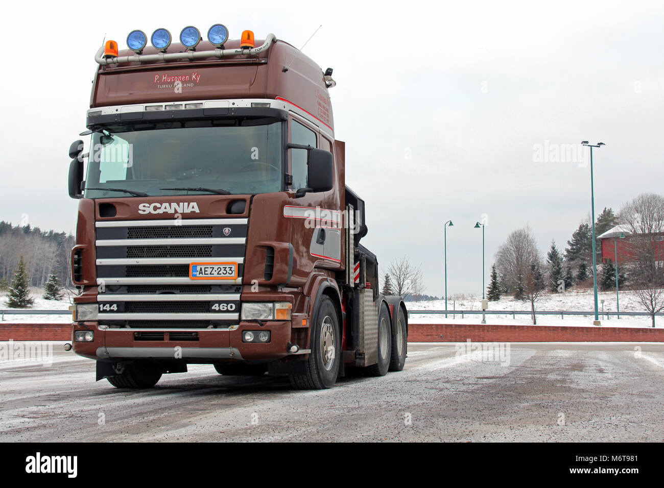 SALO, FINLAND - JANUARY 25, 2014: Scania 144 Truck tractor in arctic conditions. Scania is again ranked among the worlds 100 most sustainable corporat Stock Photo