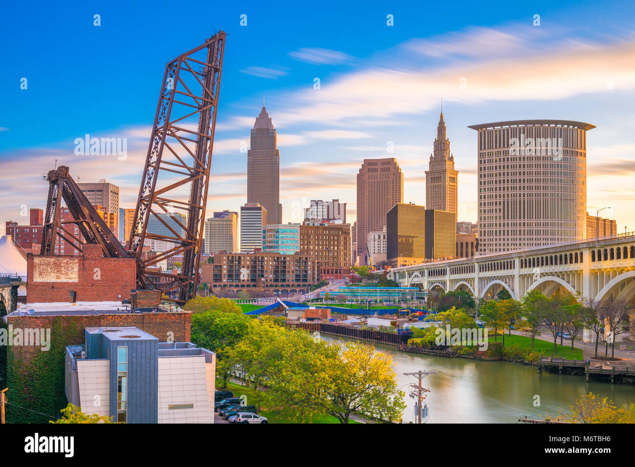 Cleveland, Ohio, USA city skyline over the Cuyahoga River. Stock Photo