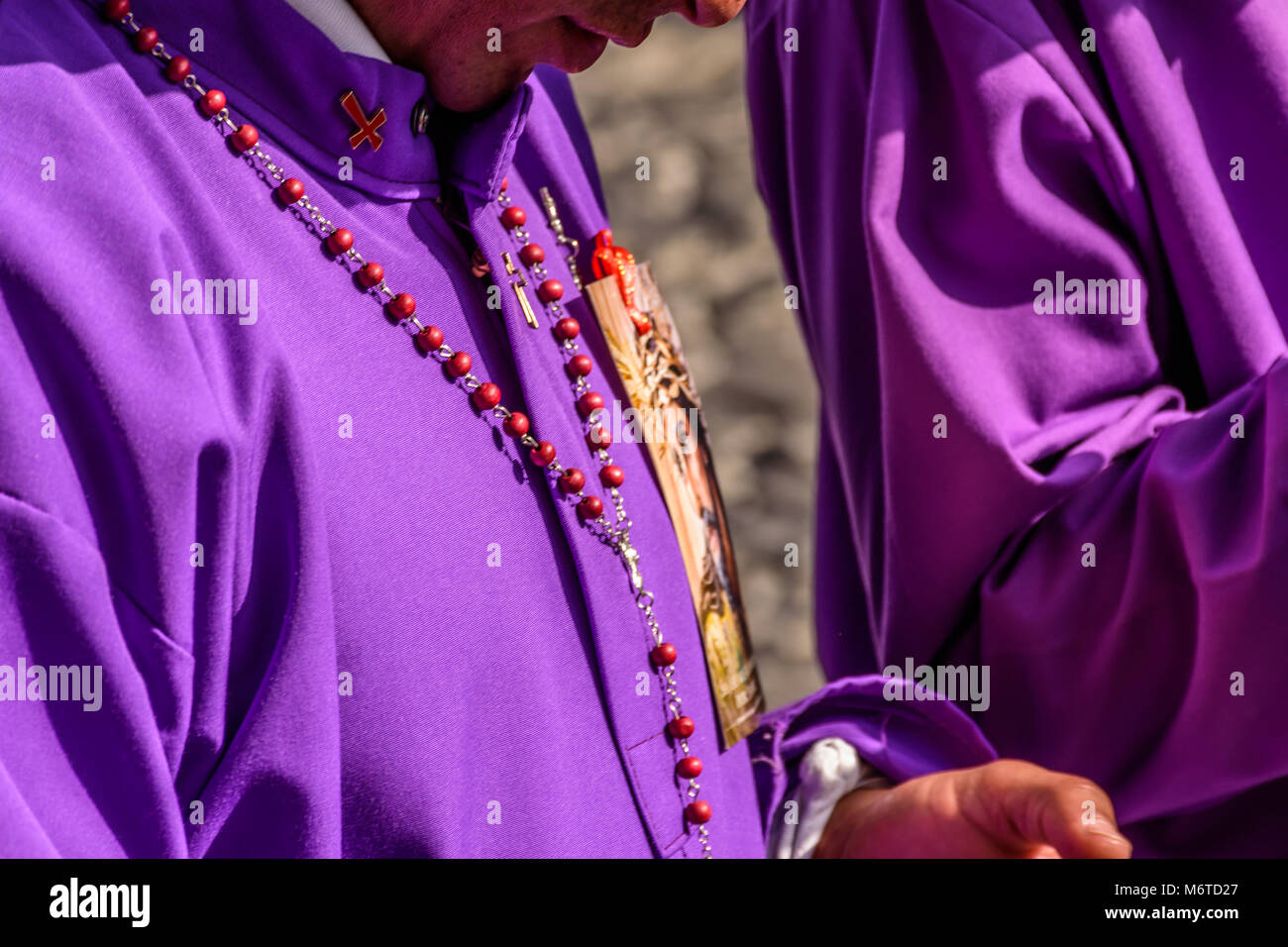 Antigua, Guatemala -  February 18, 2018: Closeup of penitent in procession on first Sunday of Lent in town with famous Holy Week celebrations Stock Photo