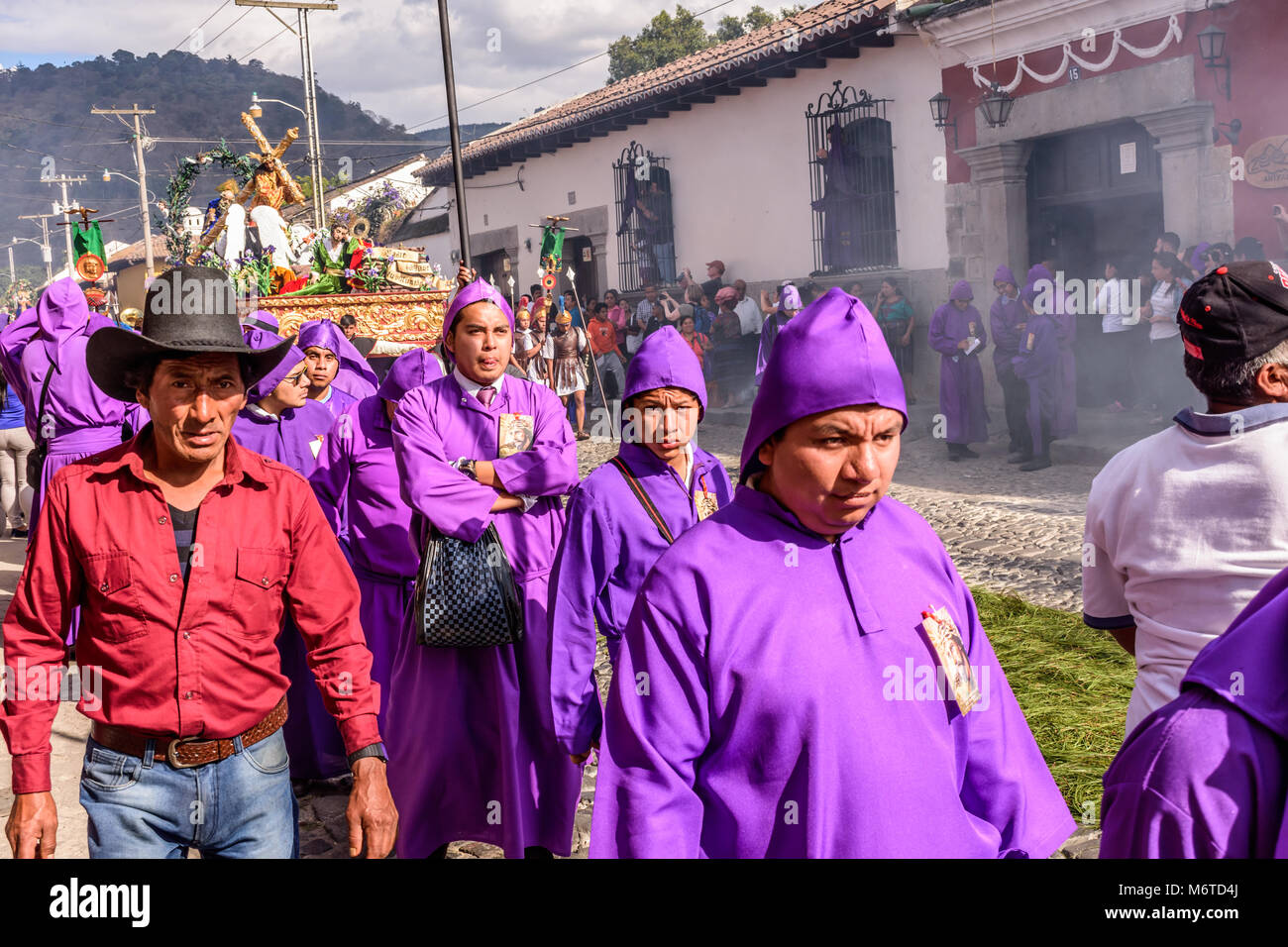 Antigua, Guatemala -  February 18, 2018: Procession on first Sunday of Lent in town with most famous Holy Week celebrations in Latin America Stock Photo