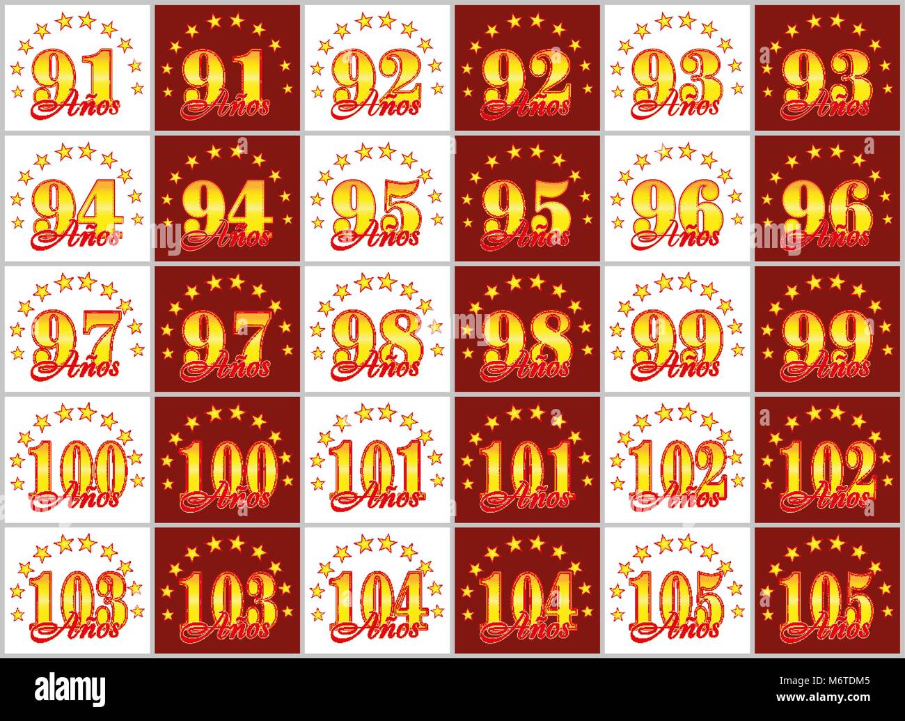 Set of gold numbers from 91 to 105 and the word of the year decorated with a circle of stars. Vector illustration. Translated from Spanish - Years Stock Vector