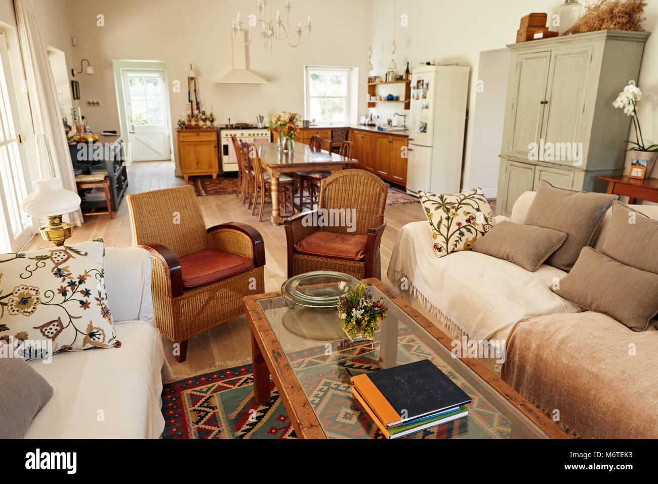Interior of the lounge and kitchen in a country home Stock Photo