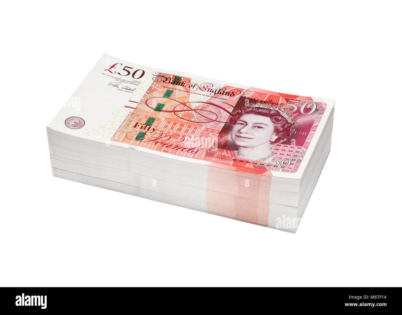 A wad or pile of money made up of fifty pound notes Stock Photo