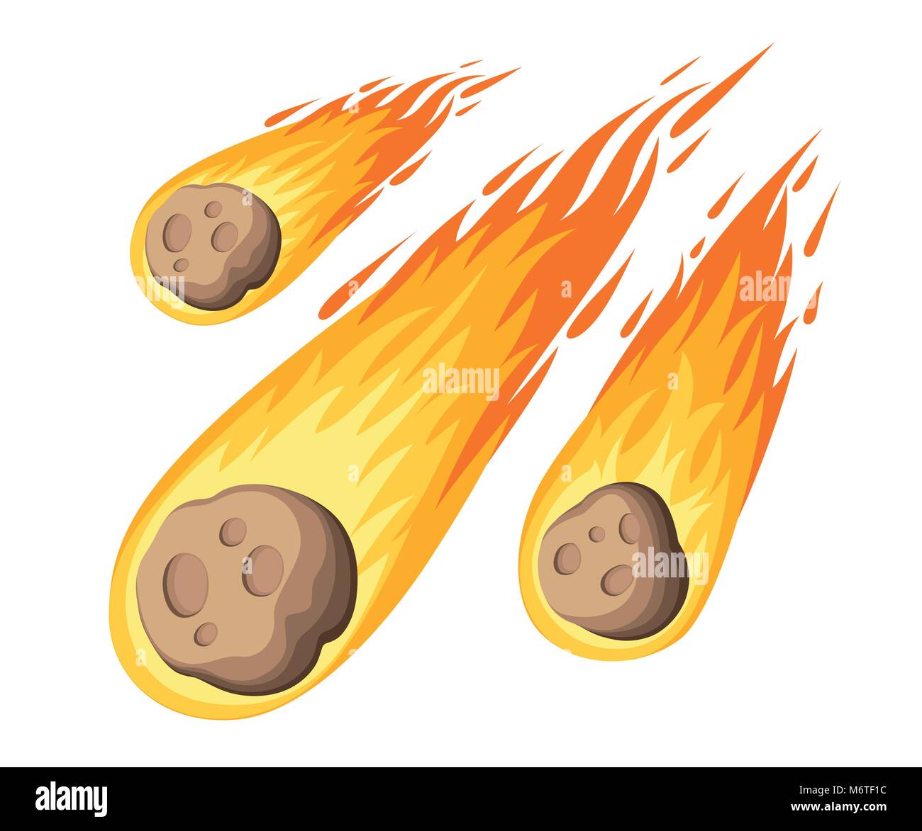 Flame meteorite. Meteor rain fall on planet in cartoon style. Cataclysm color icon. Vector illustration isolated on white background. Web site page an Stock Vector