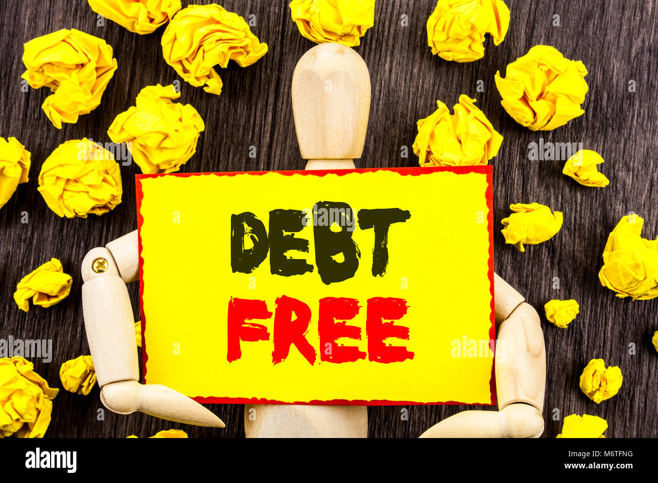 Announcement text showing Debt Free. Concept meaning Credit Money