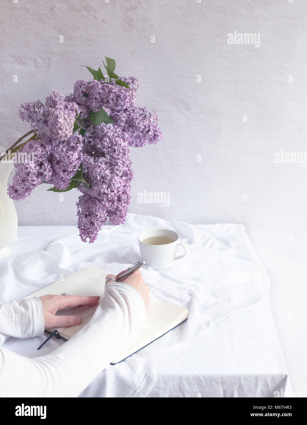 indoor scene with table covered with white linen, bunch of fresh lilac flowers, teacup, hands on notebook, one  hand writing Stock Photo