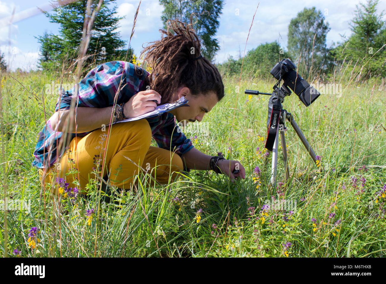 A scientist with dreadlocks is conducting a research on plants Stock Photo