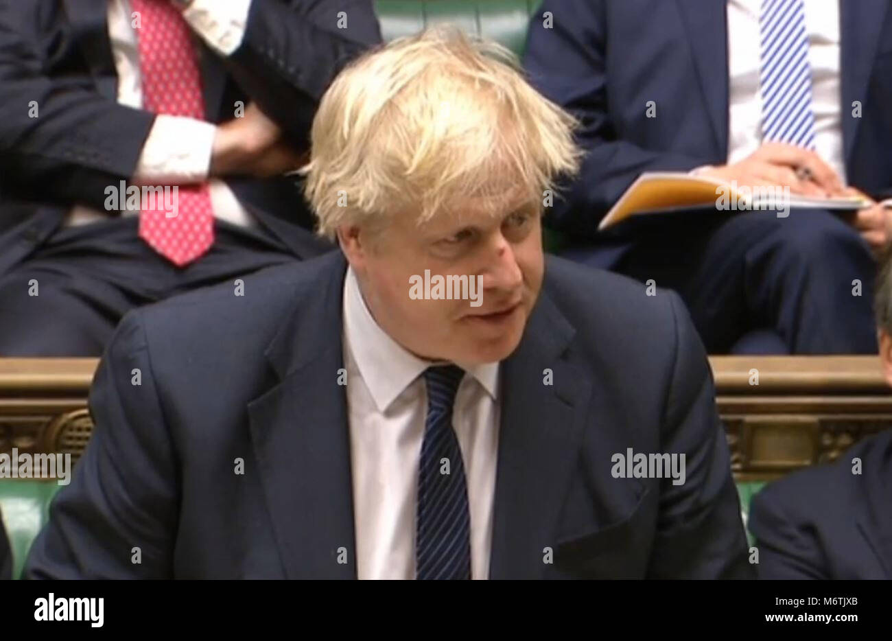 Foreign Secretary Boris Johnson answers an urgent question in the House of Commons, London, after former Russian double agent Sergei Skripal and a woman in her 30s were found slumped on a bench near a children's play area, close to The Maltings shopping centre in Salisbury on Sunday. Stock Photo