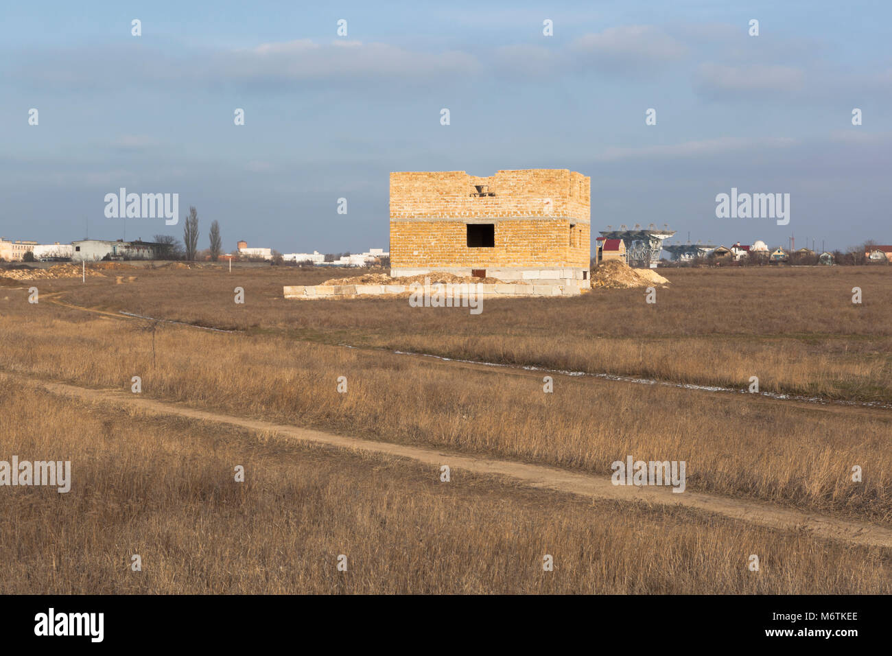 Construction of a private house made of shell stone in Saki district of ...