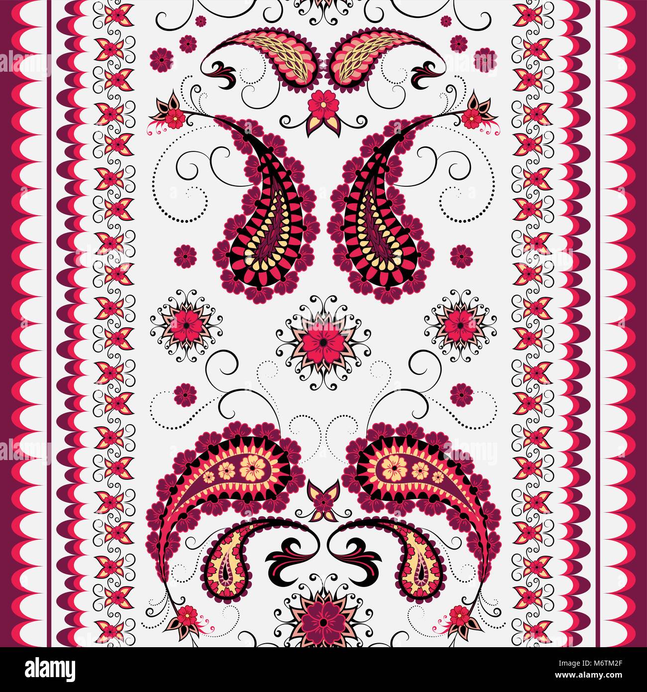 Red paisley pattern on white, seamless borders Stock Vector
