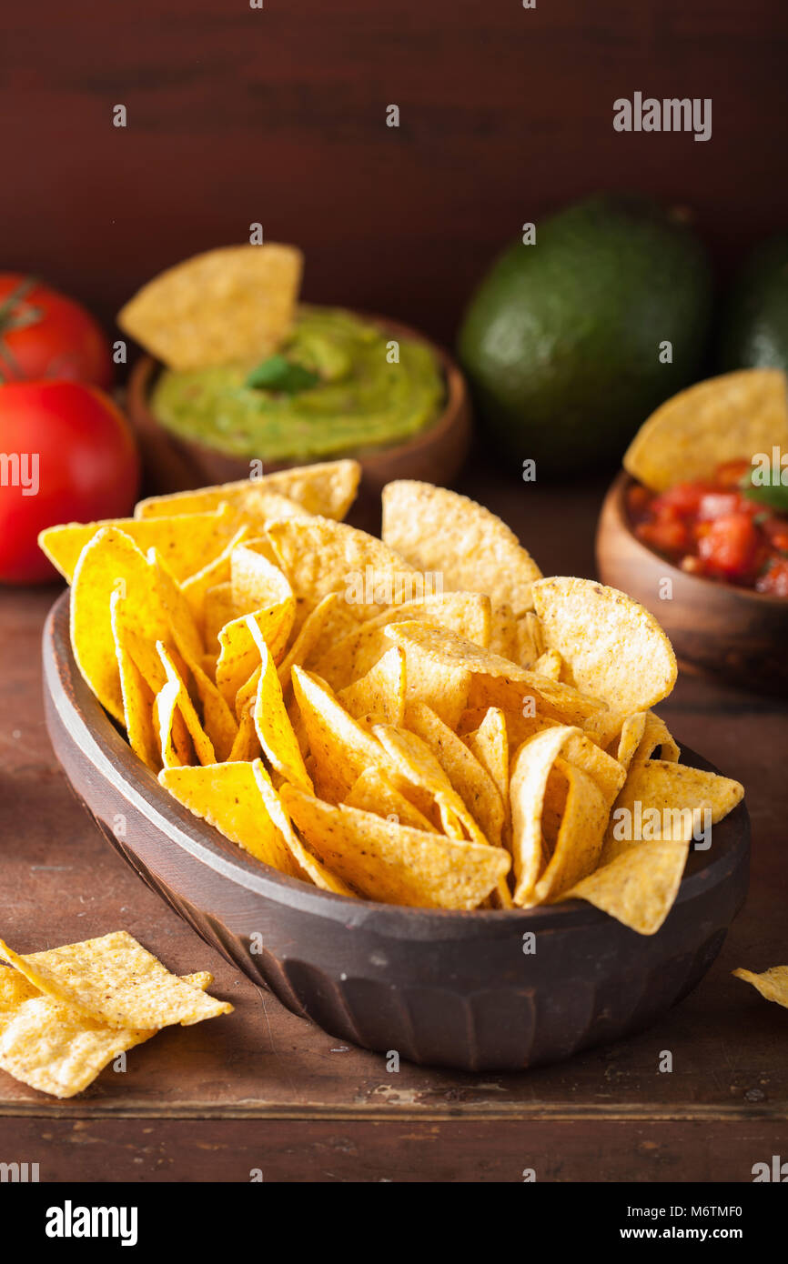 mexican nachos tortilla chips, guacamole and salsa dip Stock Photo Alamy