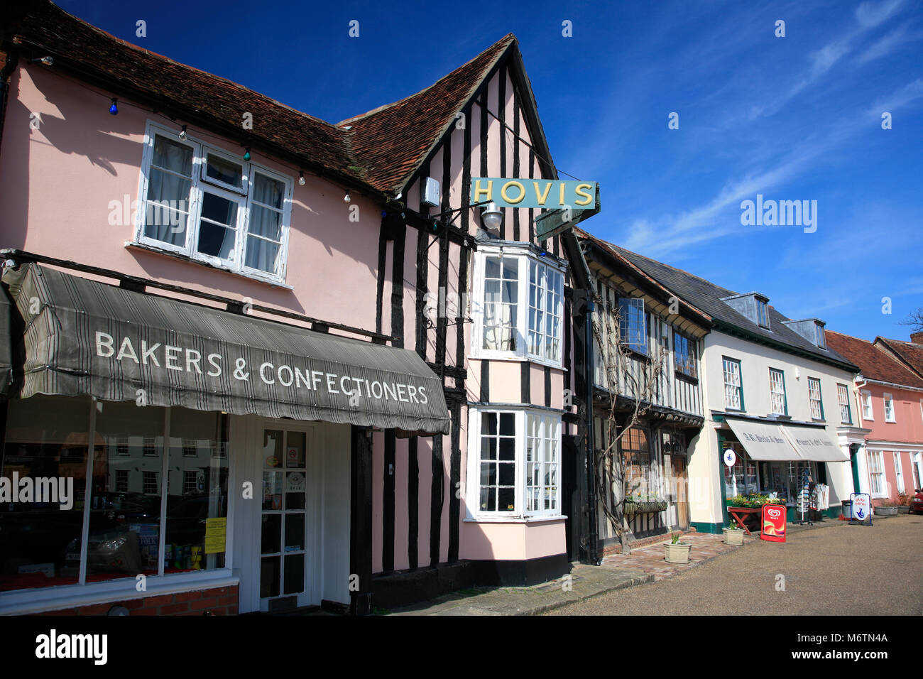 Shops along the high street, Lavenham village, Suffolk County, England, UK Stock Photo