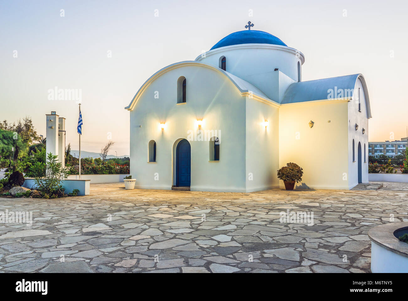 The multi Denominational Church of St Nicholas on a shore closeup in Paphos, Cyprus. Stock Photo