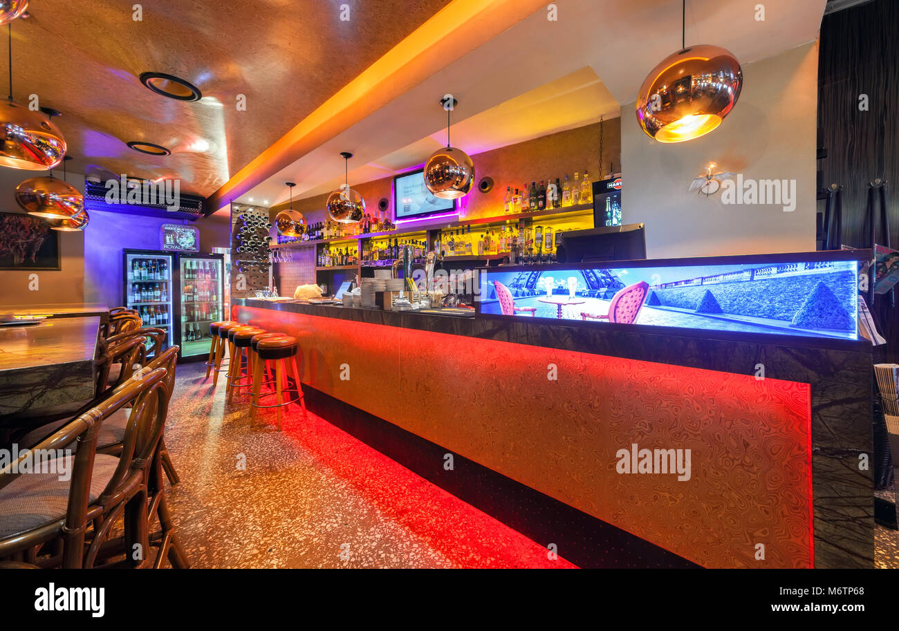 MOSCOW - JULY 2014: Interior of a luxury restaurant 'OGNI'. Modern bar design Stock Photo