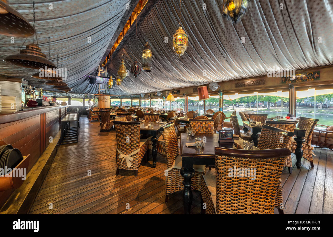 MOSCOW - JULY 2014: The interior of the restaurant on the water 'SHATER' in the Oriental style Stock Photo