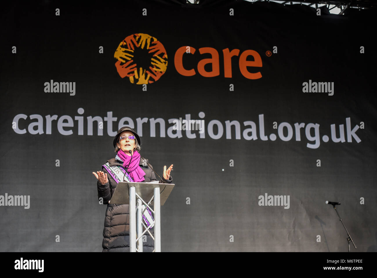 Helen Pankhurst speaking at the March 4 Women equality protest organised by Care International in London Stock Photo