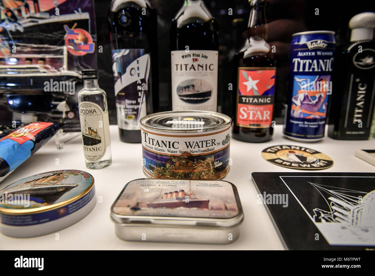 Titanic themed items, including a can of water from where RMS Titanic sunk, on display during a preview of the Titanic Stories exhibition at the National Maritime Museum Cornwall, Falmouth, which opens on March 8. Stock Photo