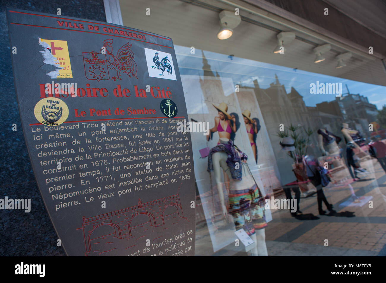 Charleroi, noticeboard tells the history of the city. Belgium. Stock Photo