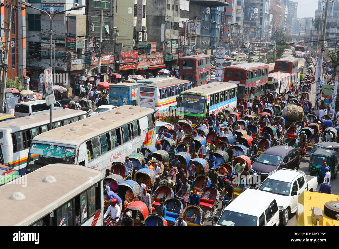 Dhaka March 6, 2018, Numerous vehicles and Rickshaw traffic jam on a street near Purana Paltan in Dhaka. Stock Photo