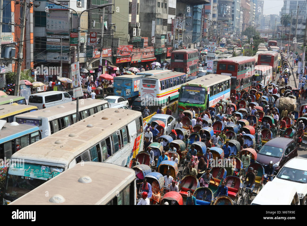 Dhaka March 6, 2018, Numerous vehicles and Rickshaw traffic jam on a street near Purana Paltan in Dhaka. Stock Photo