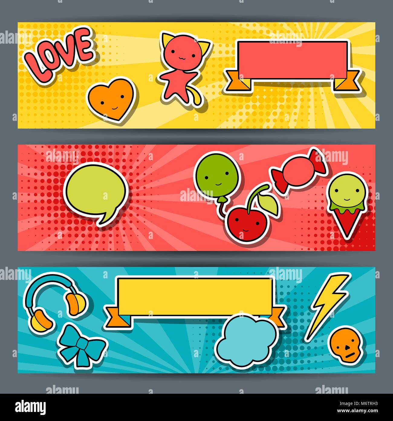 Horizontal banners with sticker kawaii doodles Stock Vector