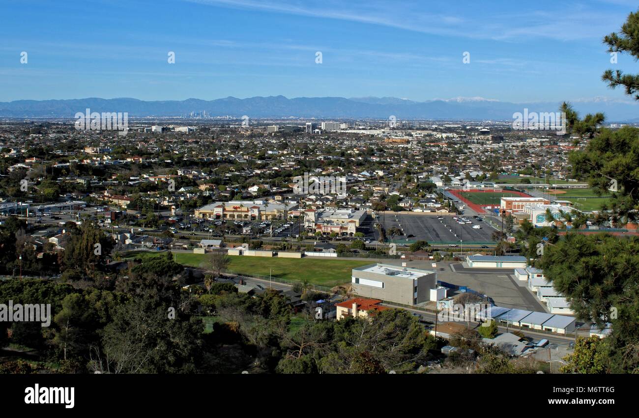 Sweeping View of Torrance, California, Looking towards Downtown L.A. and Mountains Stock Photo