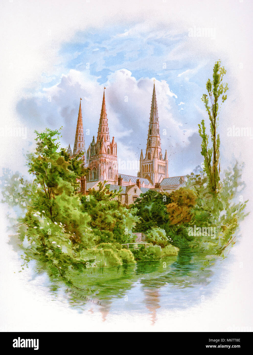 A 10x8 inch colour plate of Lichfield Cathedral by A. Wilde Parsons (1854-1931) scanned at high resolution from a book published in 1888. Stock Photo