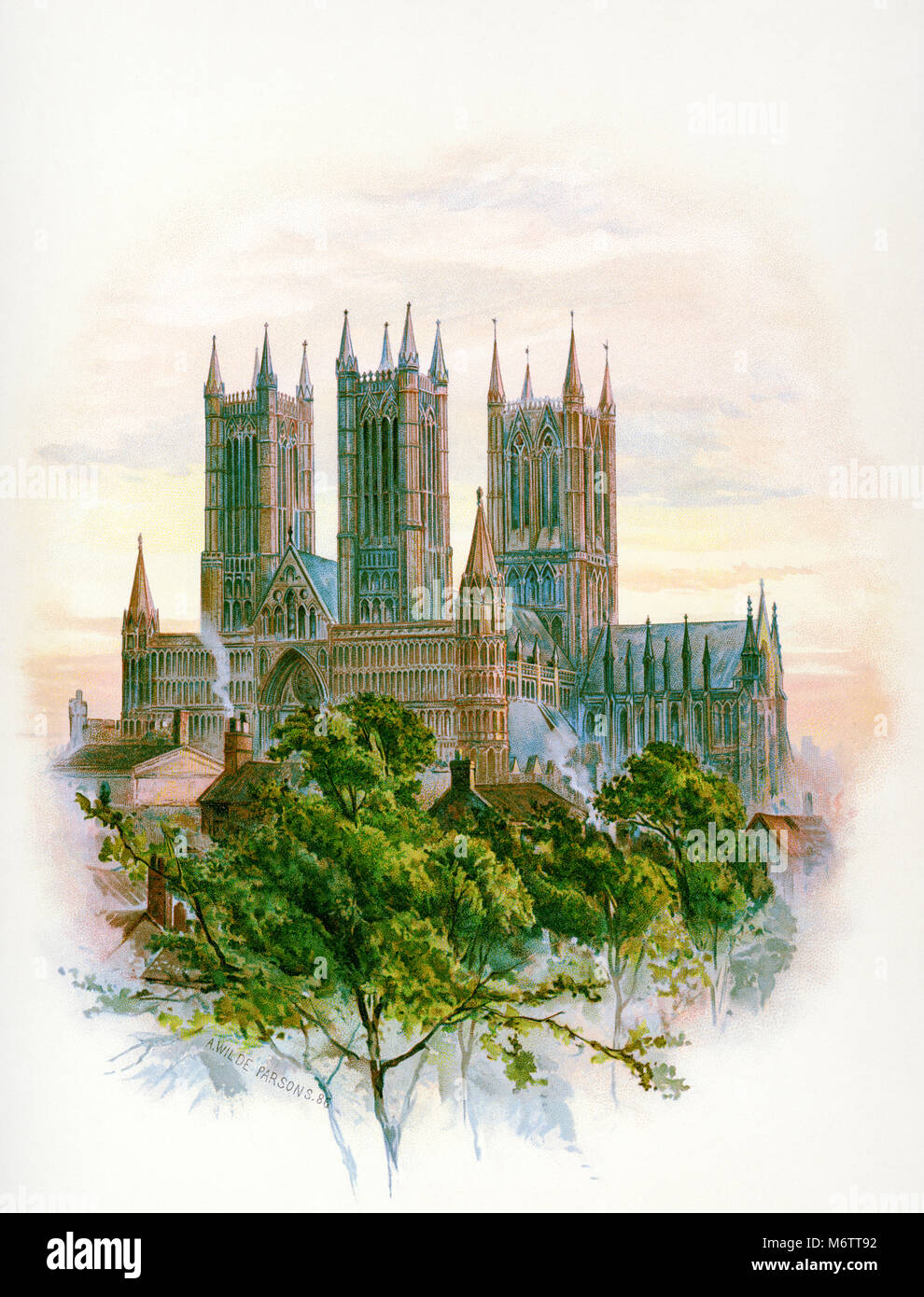A 10x8 inch colour plate of Lincoln Cathedral by A. Wilde Parsons (1854-1931) scanned at high resolution from a book published in 1888. Stock Photo