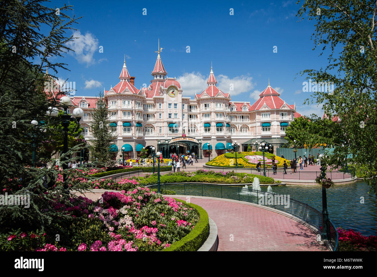 The Disneyland Hotel at Eurodisney in Paris is a luxury, five star hotel and the main entrance to the Disneyland Park. Stock Photo