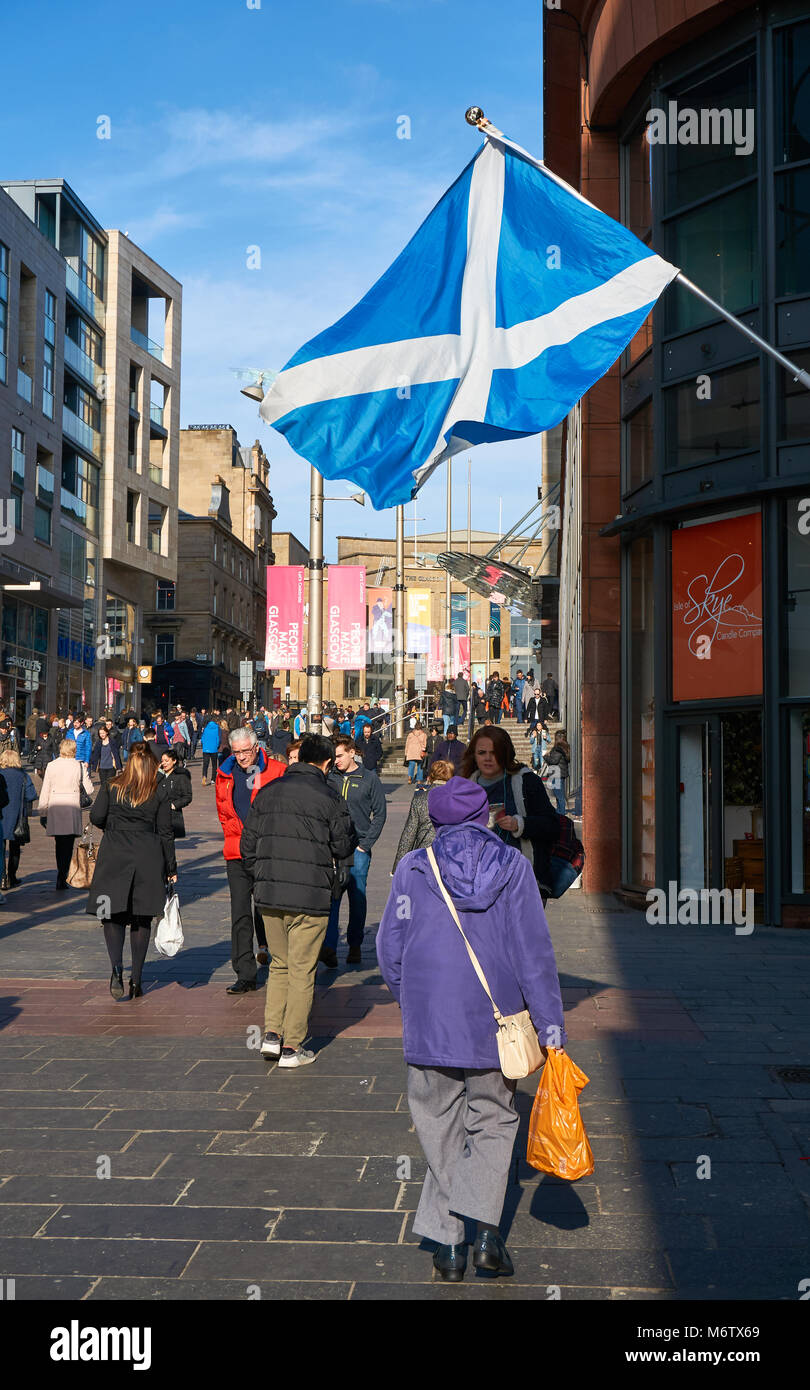 a large flag of Scotland displayed on the streets of Glasgow, UK. Stock Photo