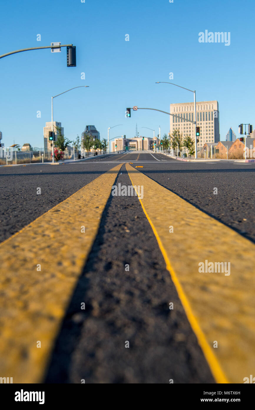 Low view of road with no traffic. Stock Photo