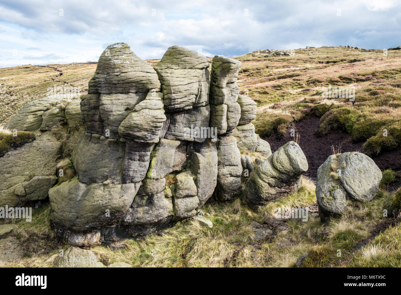 Eroded gritstone rocks on moorland at Blackden Edge, Kinder Scout, Derbyshire, Peak District, England, UK Stock Photo