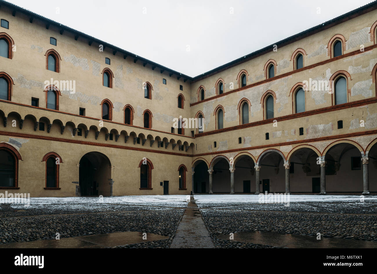 Medieval courtyard at Milan's Castello Sforzesco, Lombardy, Ital Stock Photo
