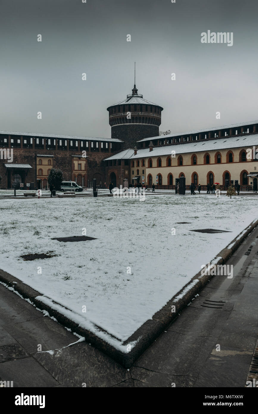 Tourists at Sforza Castle, Italian: Castello Sforzesco, is in Milan, northern Italy Stock Photo