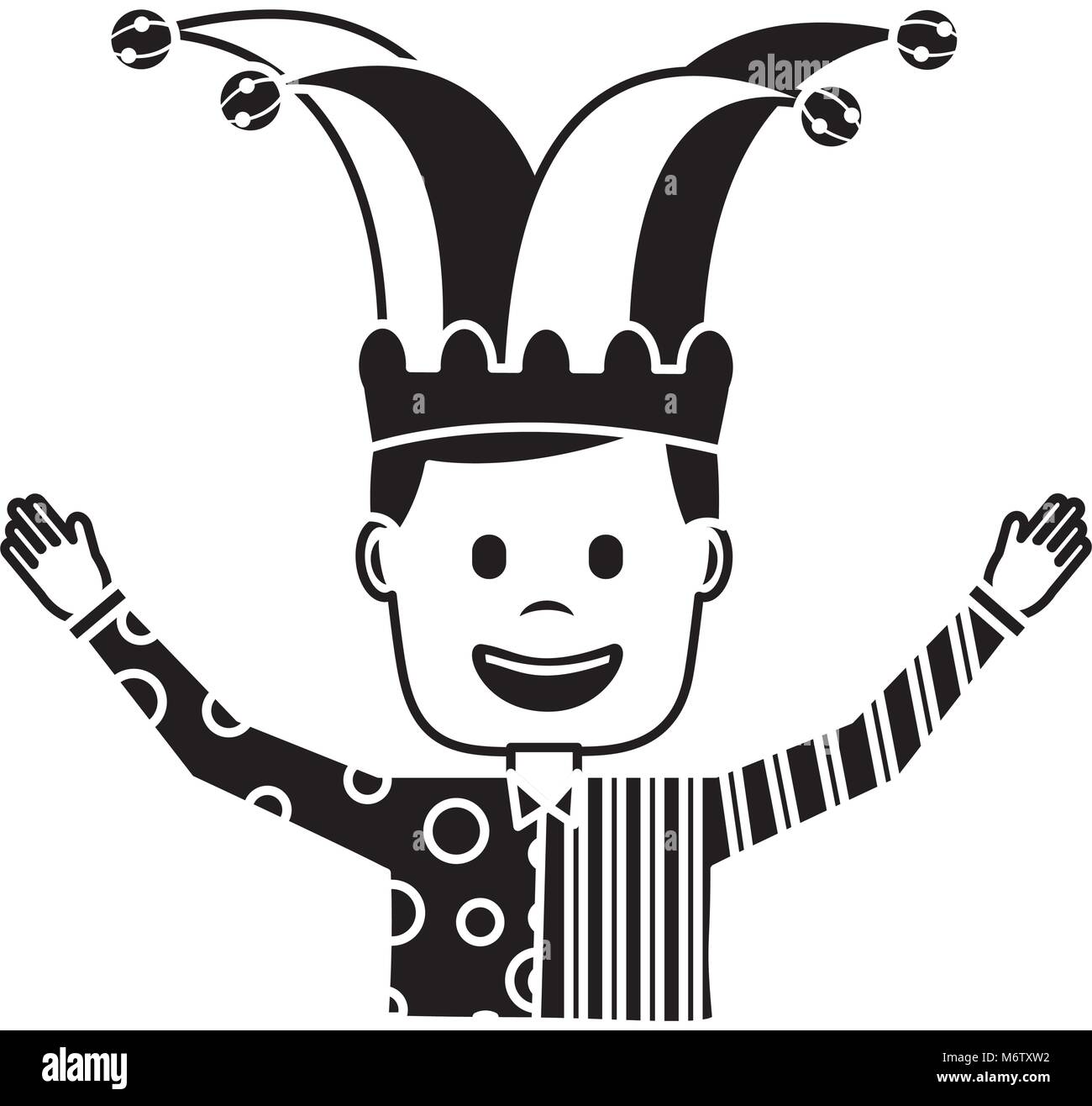 cartoon man with clown mask jester hat funny vector illustration black and white image Stock