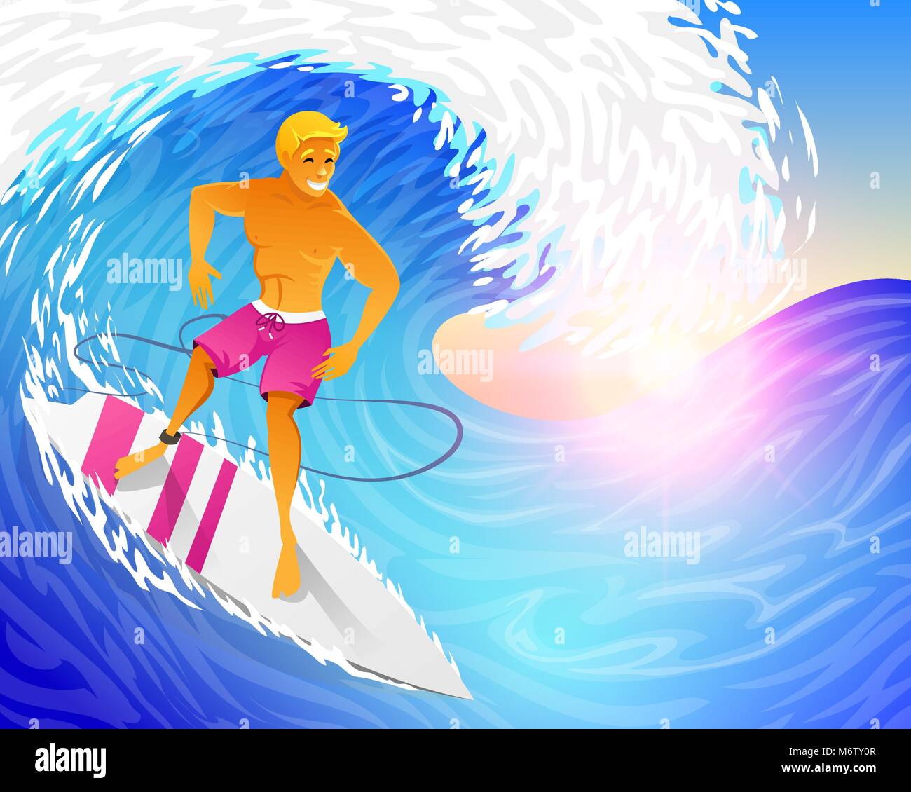 Surfer riding on blue ocean wave with surfboard. Muscular man on ...