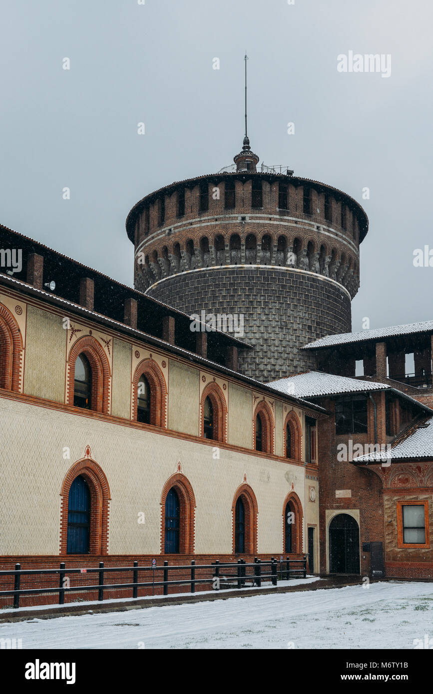 Sforza Castle, Italian: Castello Sforzesco, is in Milan, northern Italy. It was built in the 15th century by Francesco Sforza, Duke of Milan, on the remnants of a 14th-century fortification. Stock Photo