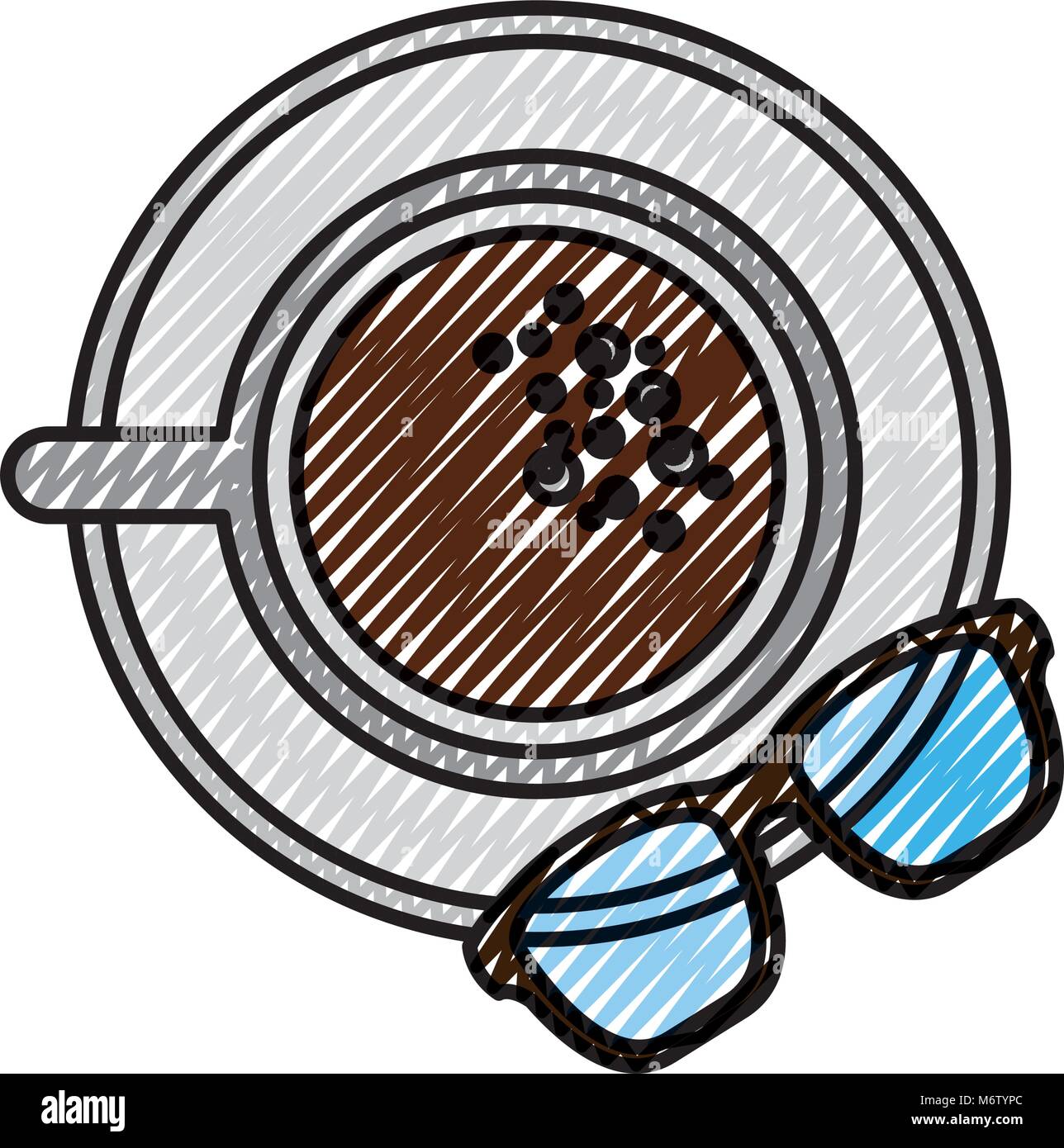 Coffee Cup In Dish And Glasses Top View Vector Illustration Drawing Color Image Coffee Cup In Dish And Glasses Top View Vector Illustration Drawing Color Image