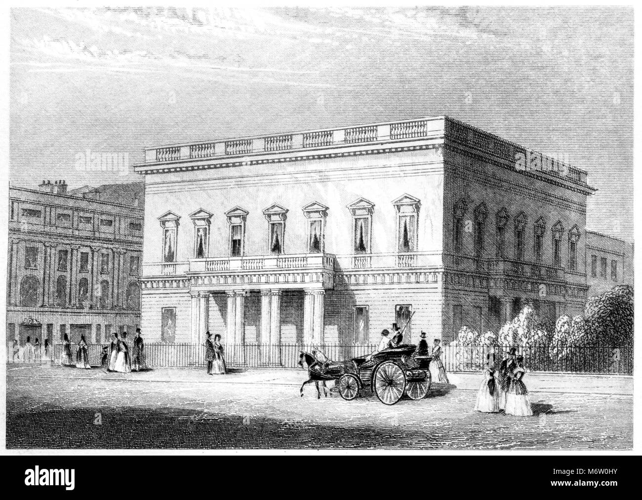 An engraving of the New United Service Club House, London scanned at high resolution from a book printed in 1851.  Believed copyright free. Stock Photo