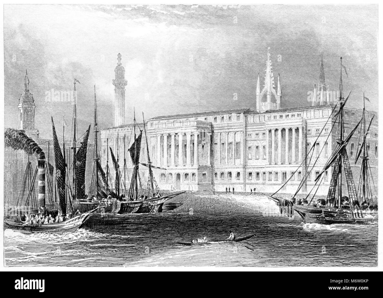 An engraving of The Custom House, London scanned at high resolution from a book printed in 1851.  Believed copyright free. Stock Photo