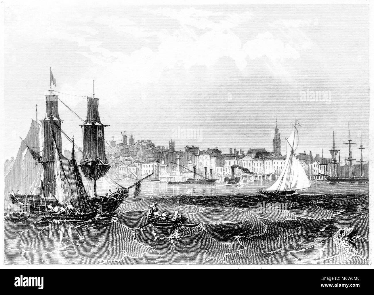 An engraving of Gravesend scanned at high resolution from a book printed in 1851. Believed copyright free. Stock Photo