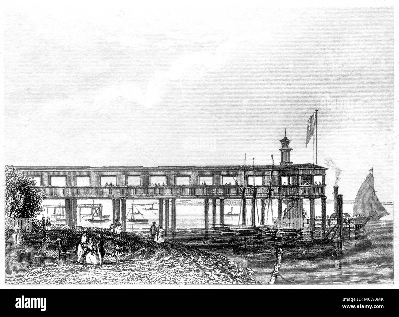 An engraving of Terrace Pier, Gravesend scanned at high resolution from a book printed in 1851. Believed copyright free. Stock Photo