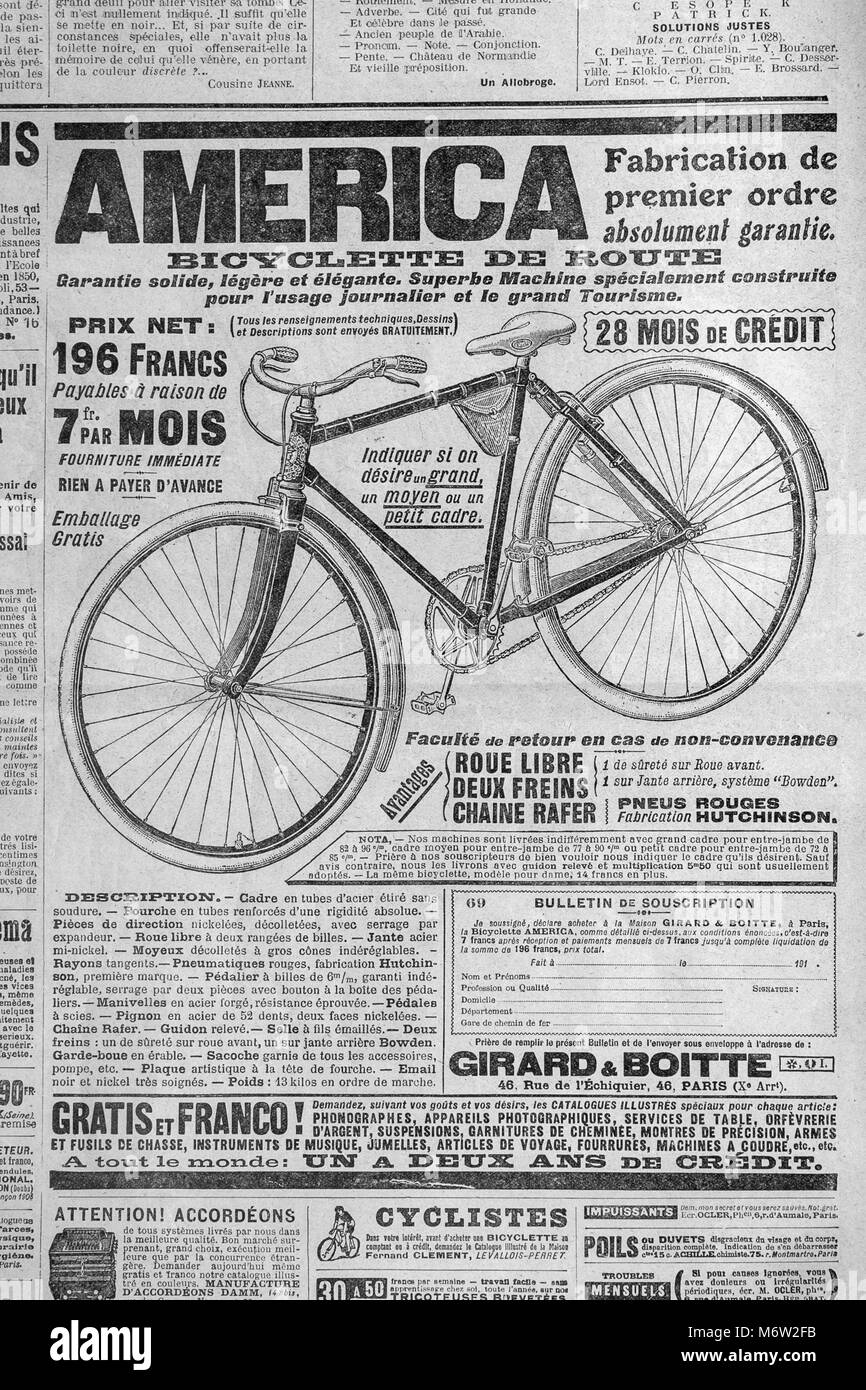 French bicycle advertisement in Le Petit Journal Illustrated Supplement, August 14th 1910, offering payment by installments Stock Photo