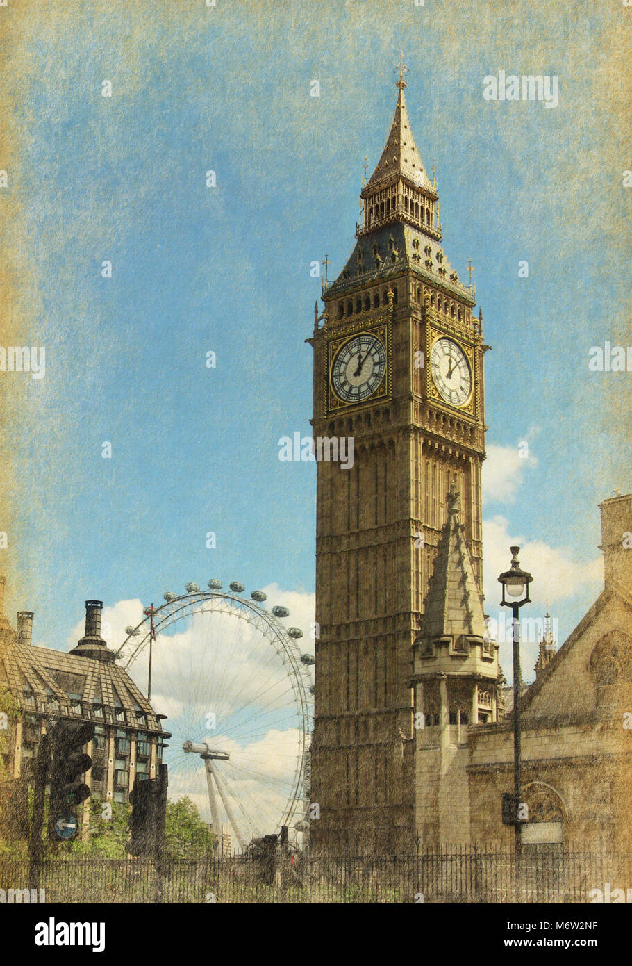 Big Ben, London, UK. View from Abingdon street.  Photo in  grunge and retro style.  Added paper texture Stock Photo