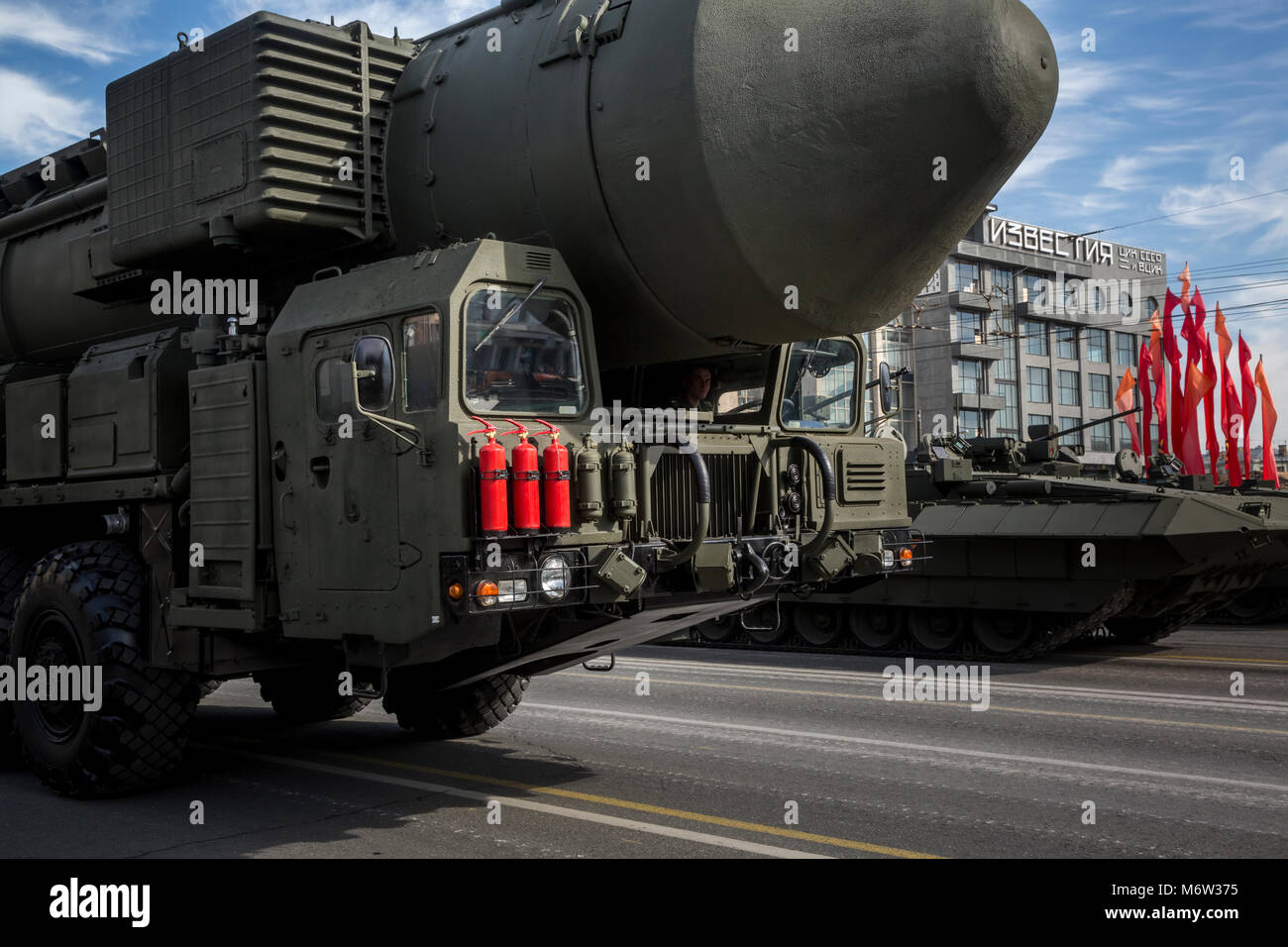 A YARS RS-24 solid propellant inter-continental ballistic missile moves through Moscow's Tverskaya street during a of the May 9 Victory Day Parade Stock Photo
