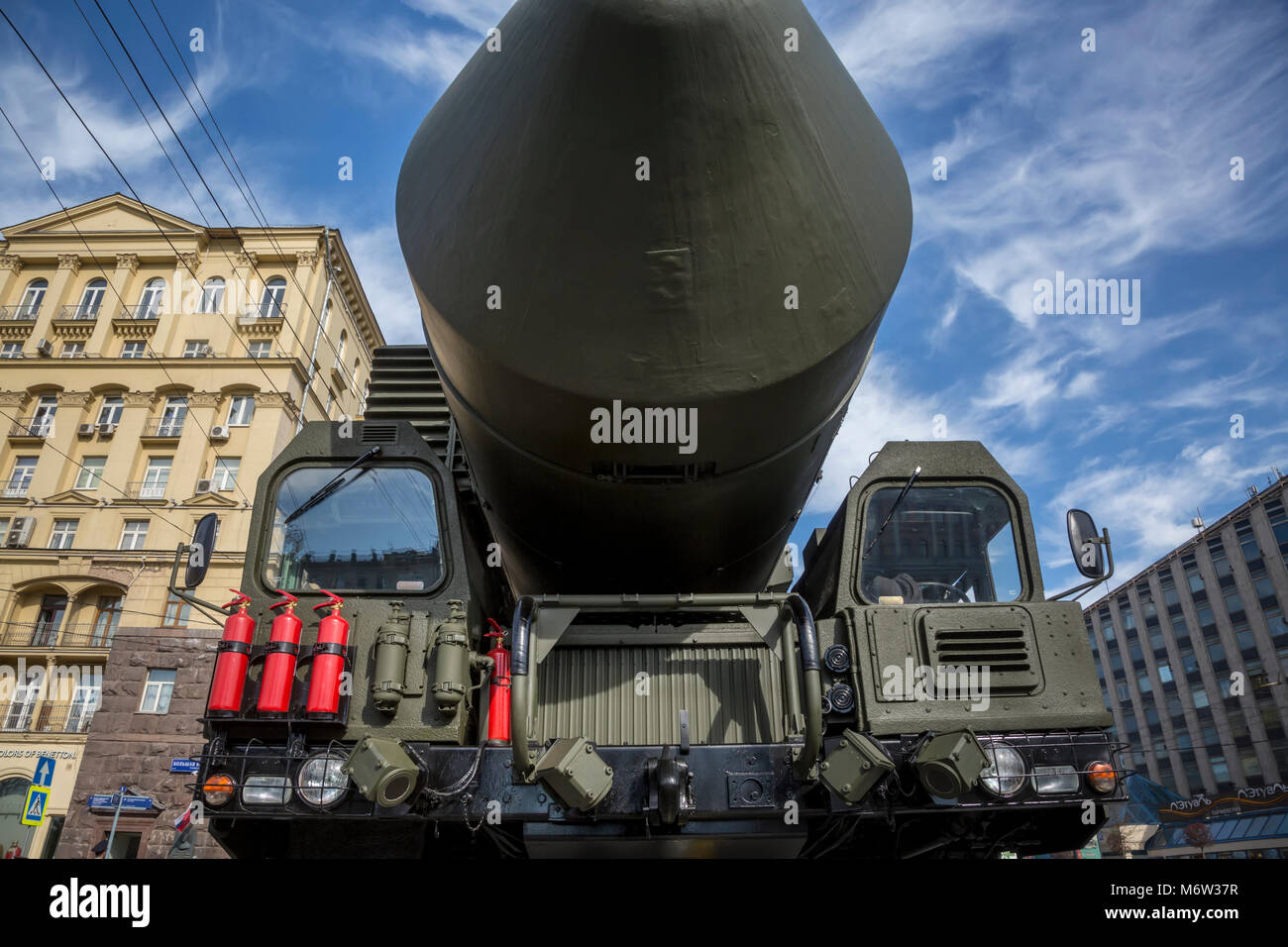 A YARS RS-24 solid propellant inter-continental ballistic missile moves through Moscow's Tverskaya street during a of the May 9 Victory Day Parade Stock Photo