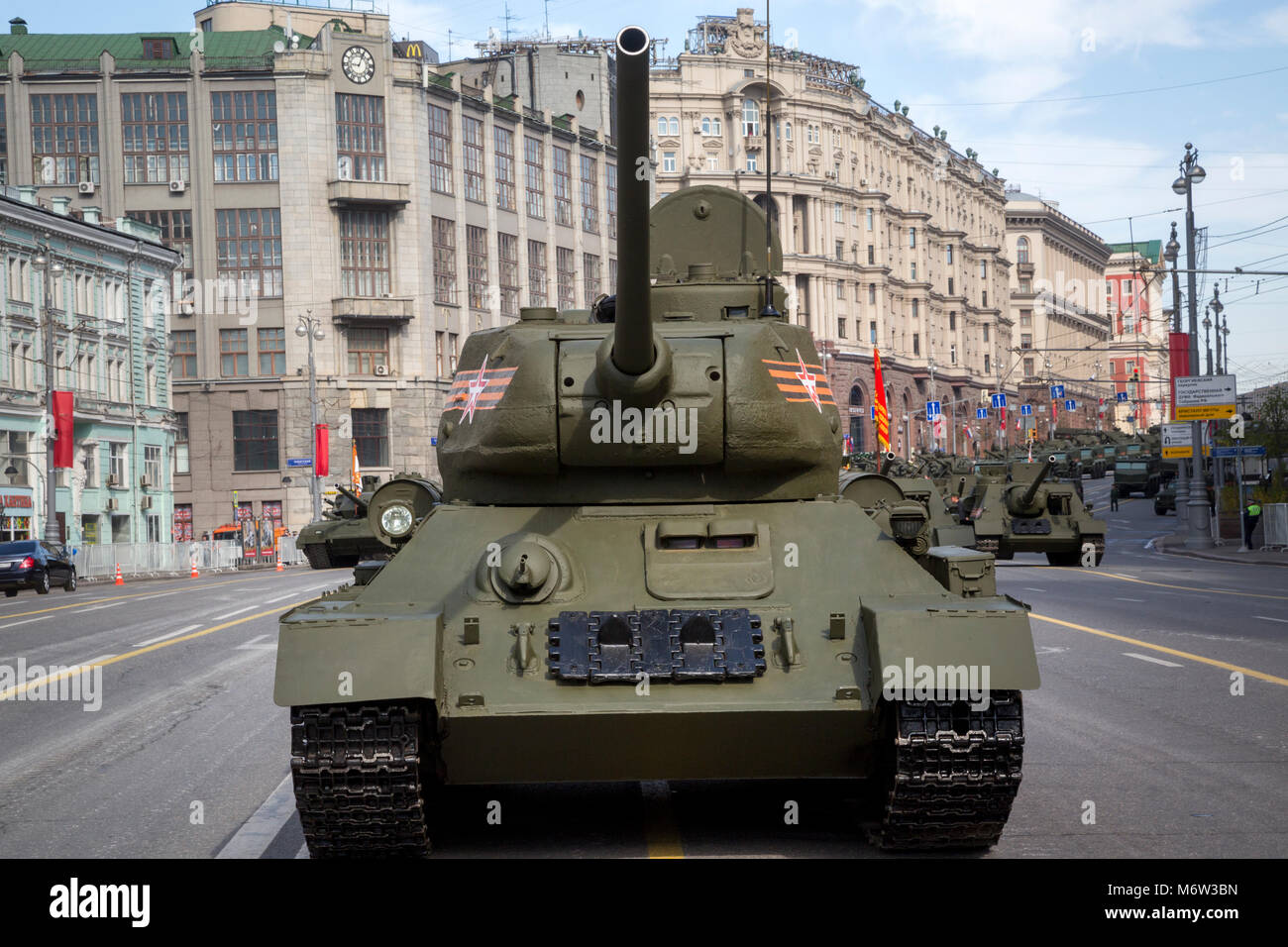 Tanks T-34-85 before start Victory Day military parade on Moscow's Red Square marking the 70th anniversary of the Victory over Nazi Germany in the Gre Stock Photo