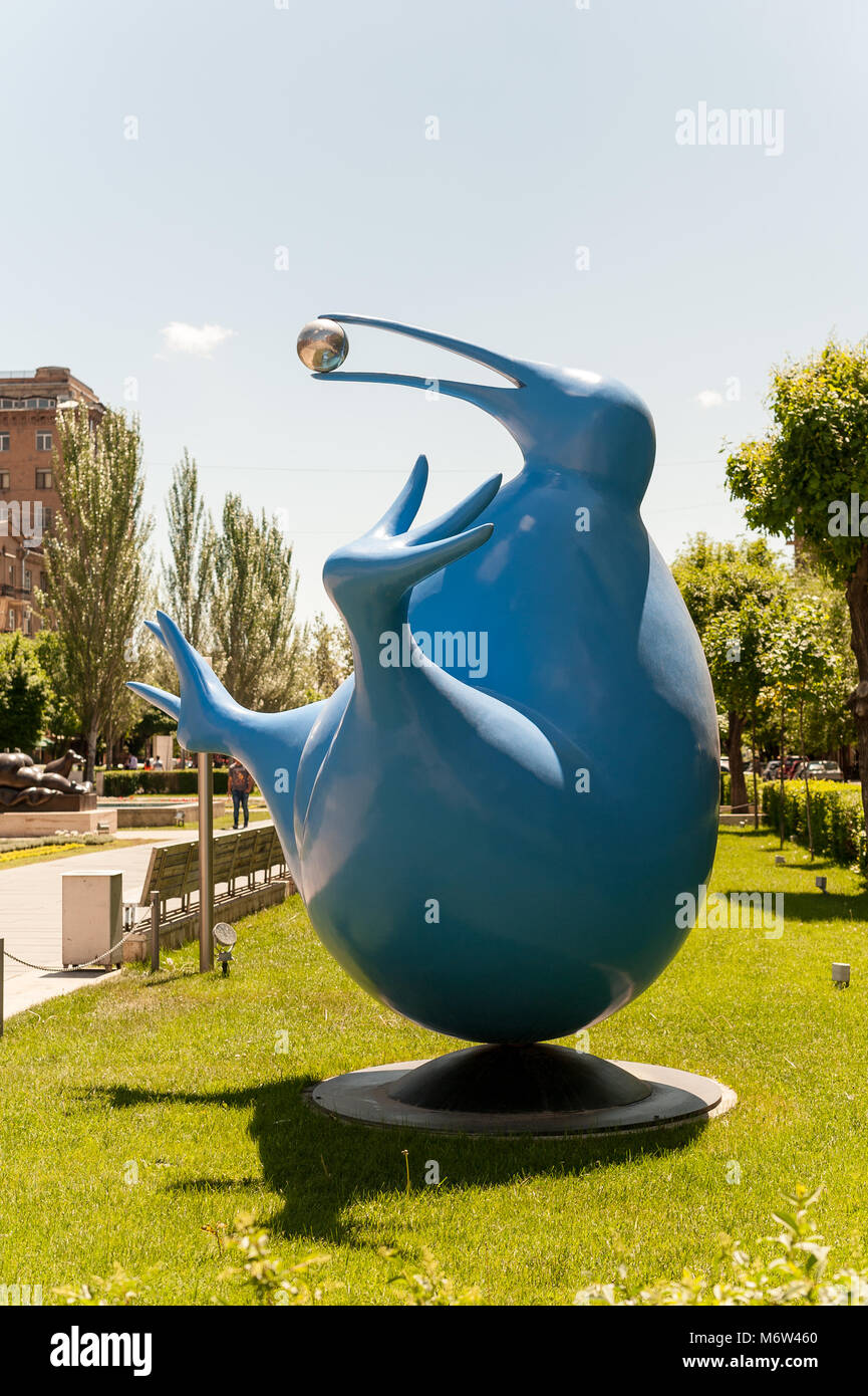 The blue kiwi, holding the metal ball in beak in Cafesjian sculpture garden, in , Armenia. Stock Photo