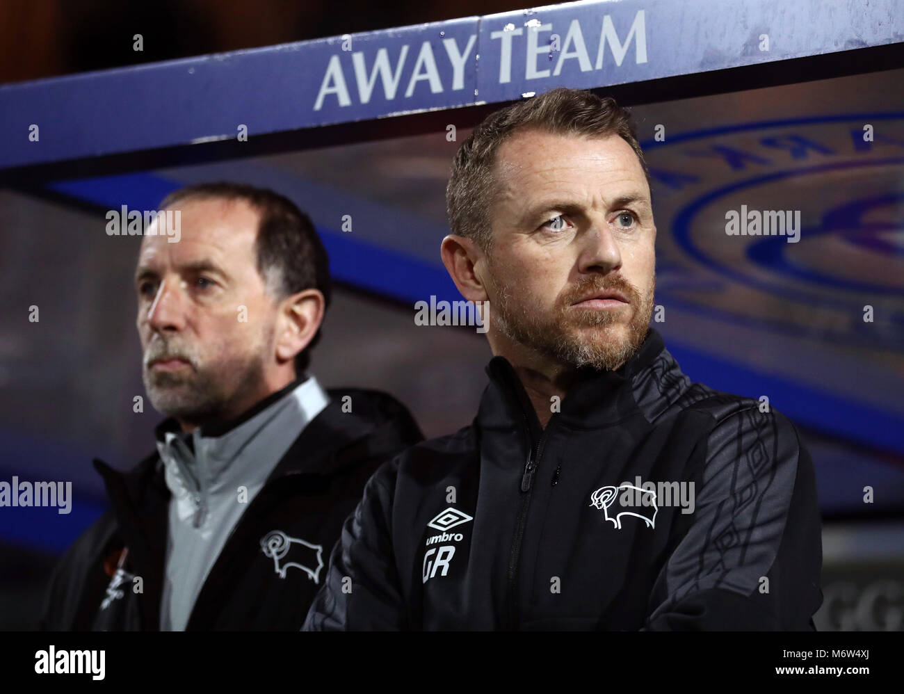 Derby County manager Gary Rowett (right) and assistant Kevin Summerfield during the Sky Bet Championship match at Loftus Road, London. PRESS ASSOCIATION Photo. Picture date: Tuesday March 6, 2018. See PA story SOCCER QPR. Photo credit should read: Tim Goode/PA Wire. RESTRICTIONS: No use with unauthorised audio, video, data, fixture lists, club/league logos or 'live' services. Online in-match use limited to 75 images, no video emulation. No use in betting, games or single club/league/player publications. Stock Photo