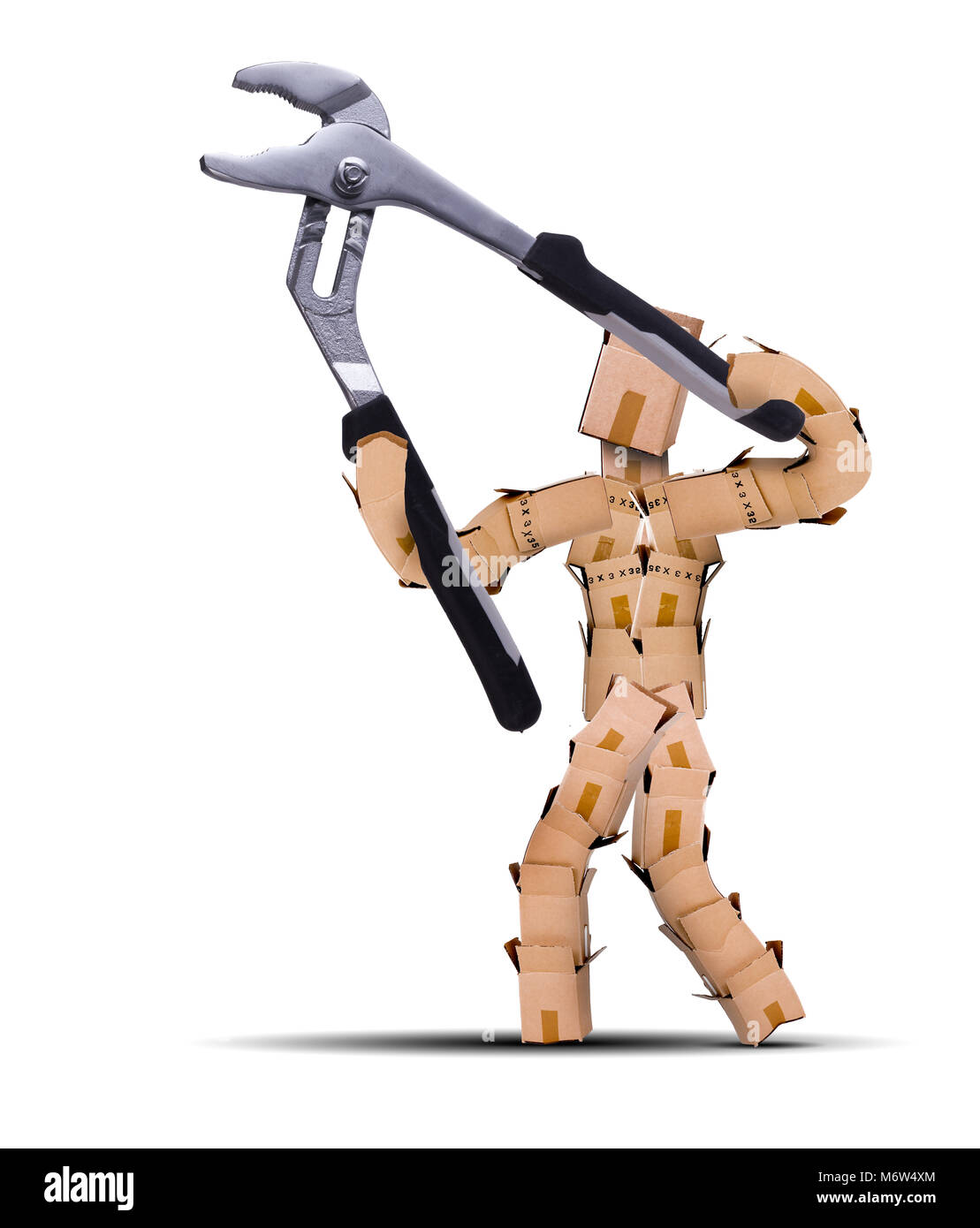 Box character workman holding a large a pair of tool pliers open. Work and tool isolated concept artwork on a white background with copy space Stock Photo
